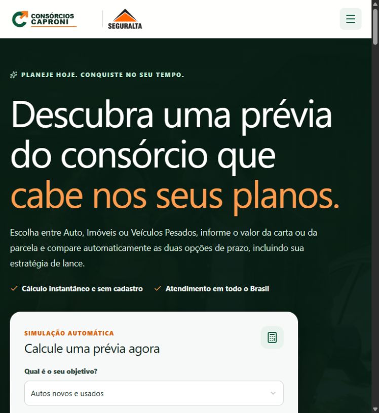 Página inicial do site Consórcios Caproni